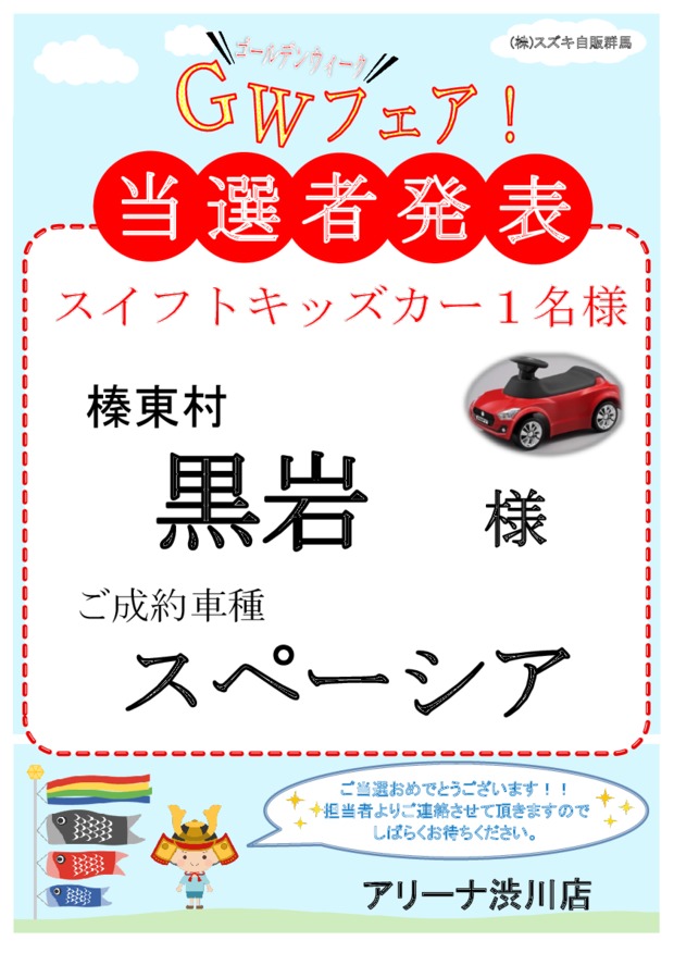 スイフトキッズカー　当選者発表